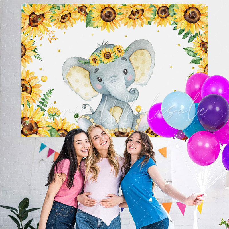 Lofaris Sunflower And Lovely Elephant Baby Shower Backdrop