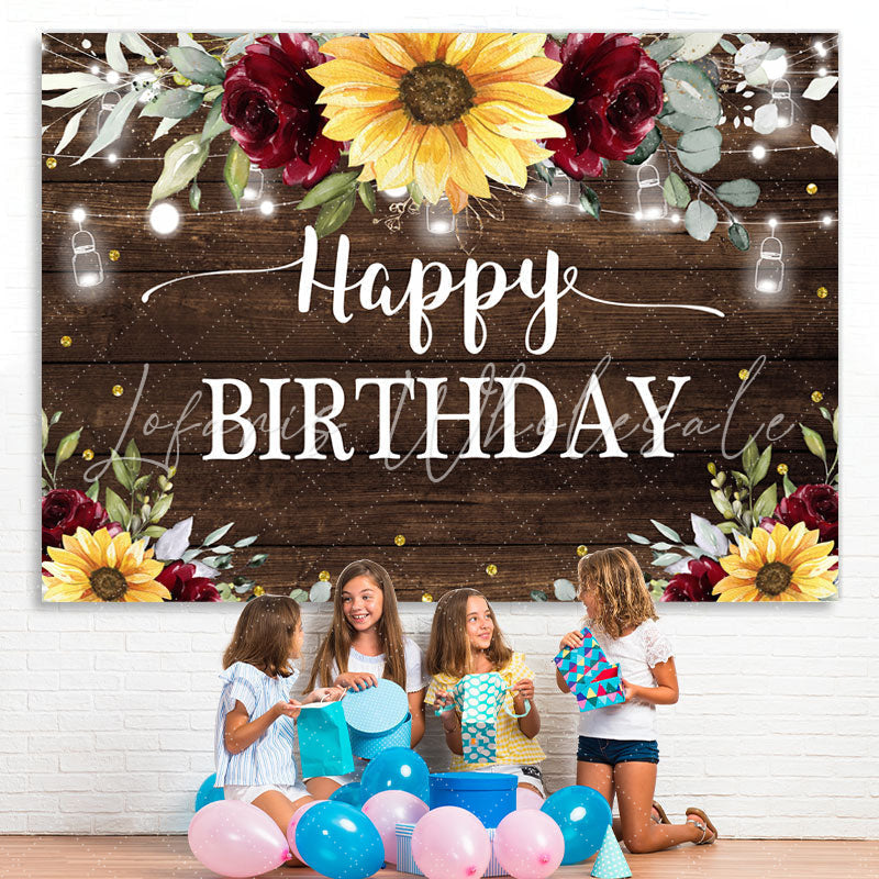Lofaris Sunflower and Red Roses Wood Happy Birthday Backdrop