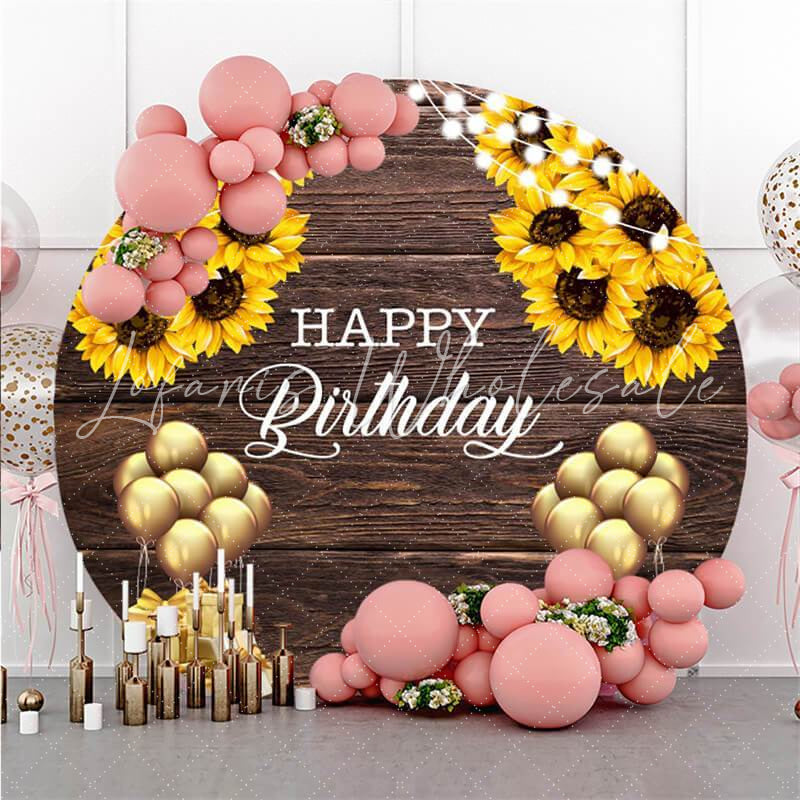 Lofaris Sunflower And Wooden Round Happy Birthday Backdrop