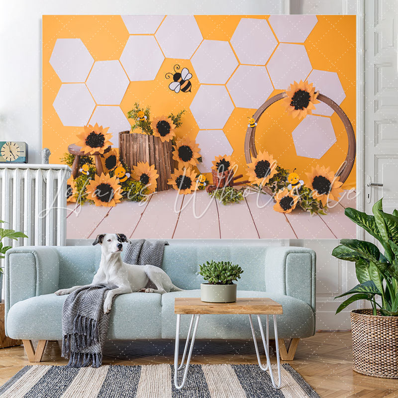 Lofaris Sunflower Bee Wood Floor Birthday Party Backdrop for Baby