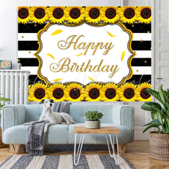 Lofaris Sunflower Black White Stripes Happy Birthday Backdrop