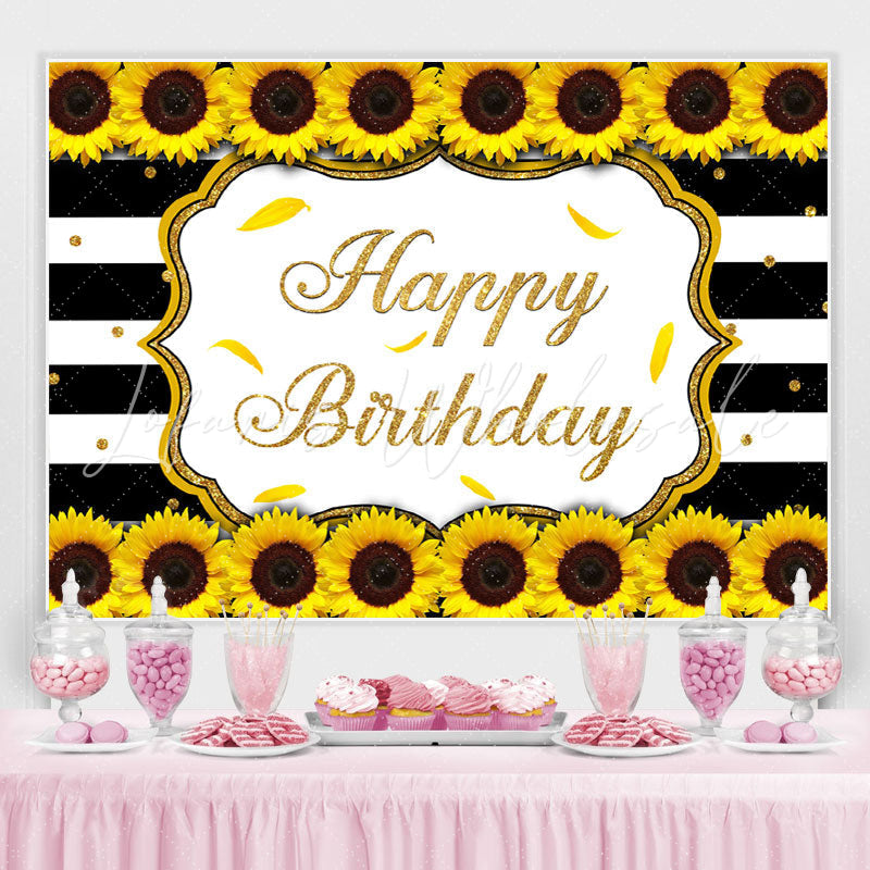 Lofaris Sunflower Black White Stripes Happy Birthday Backdrop
