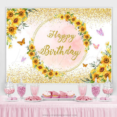 Lofaris Sunflower Butterfly Pink Gold Happy Birthday Backdrop