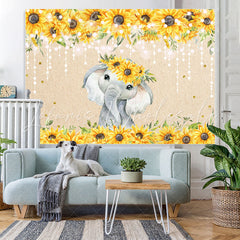 Lofaris Sunflower Elephant Gold Glitter Lights Baby Shower Backdrop