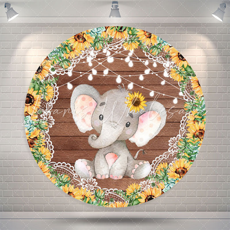 Lofaris Sunflower Elephant Wood Round Baby Shower Backdrop