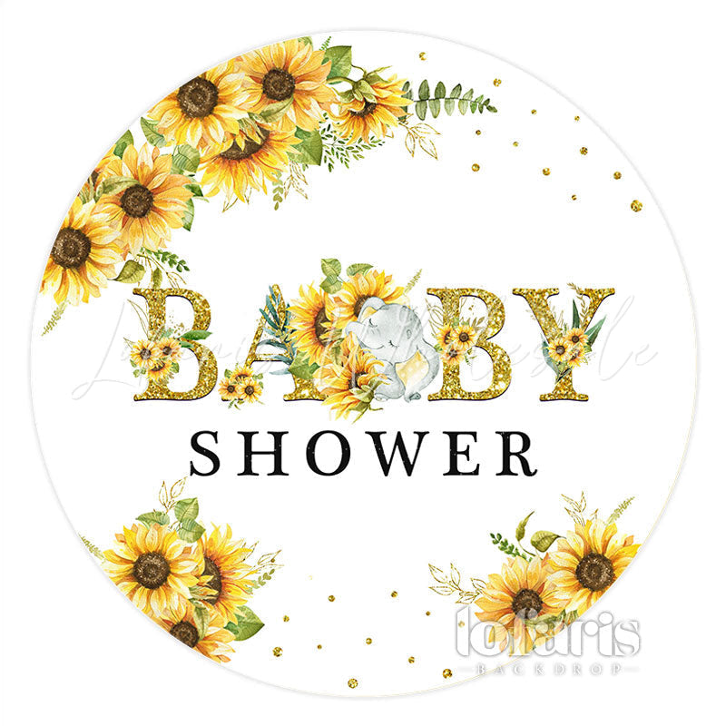 Lofaris Sunflower With Elephant Gold Round Baby Shower Backdrop