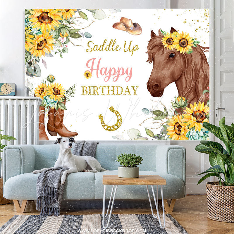 Lofaris Sunflowers And Brown Horse Gold Glitter Birthday Backdrop