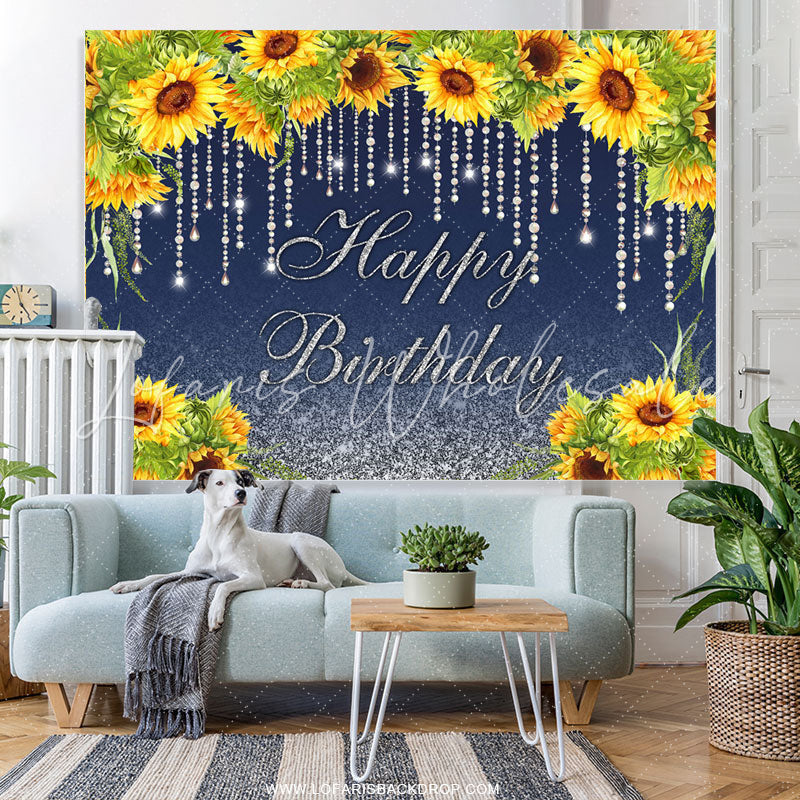 Lofaris Sunflowers And Glitter Lines Happy Birthday Backdrop