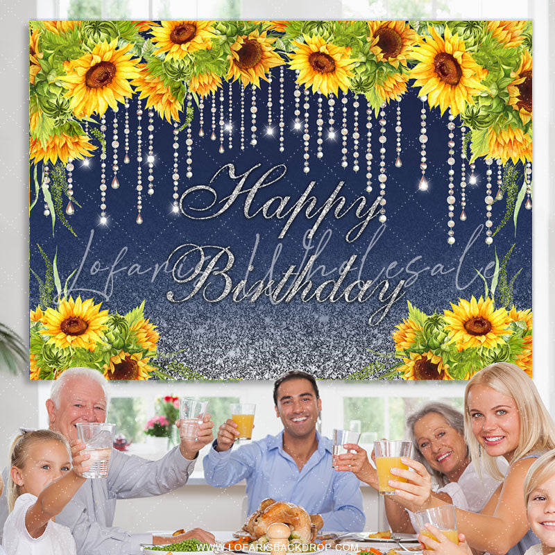 Lofaris Sunflowers And Glitter Lines Happy Birthday Backdrop