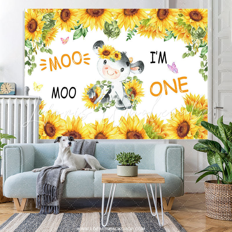 Lofaris Sunflowers And Little Cow I Am 1st Birthday Backdrop
