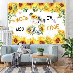 Lofaris Sunflowers And Little Cow I Am 1st Birthday Backdrop