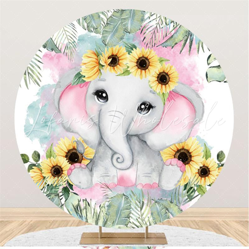 Lofaris Sunflowers And Pink Elephant Round Baby Shower Backdrop
