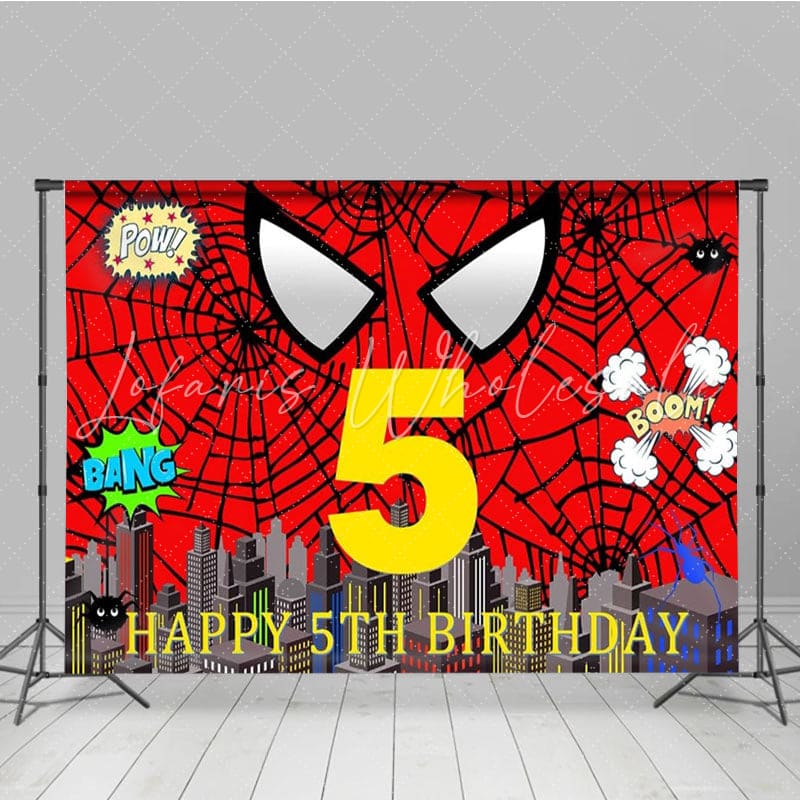 Super City Red Spider Web 5th Birthday Backdrop For Kids