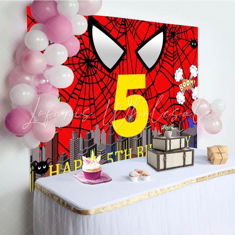 Super City Red Spider Web 5th Birthday Backdrop For Kids