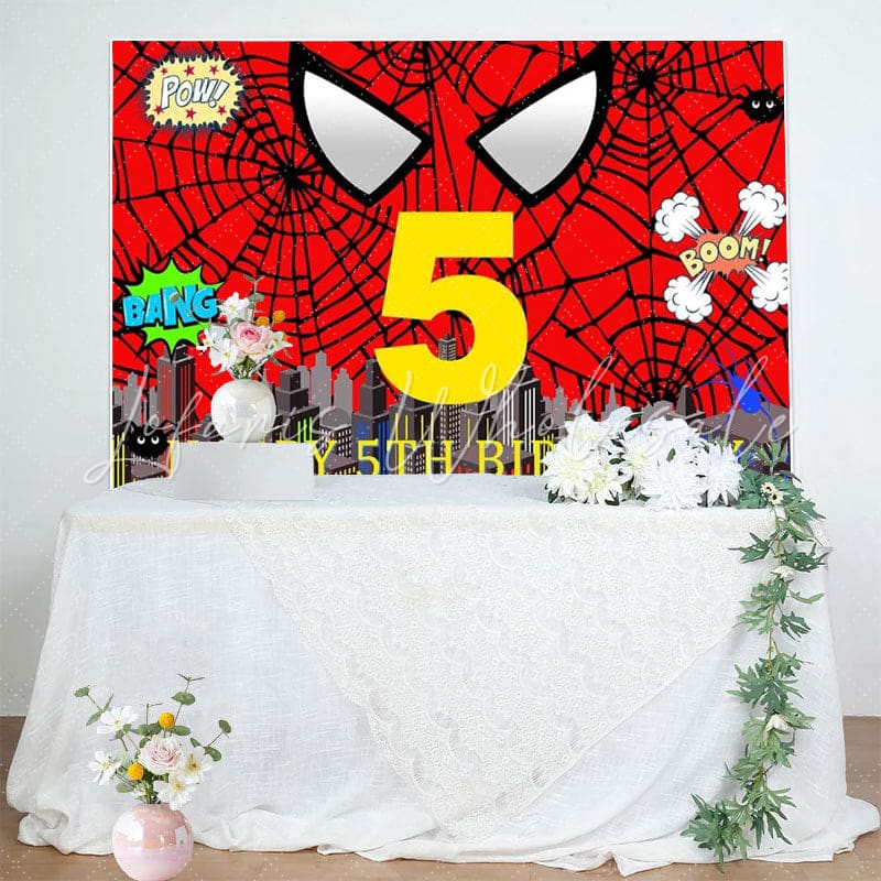 Super City Red Spider Web 5th Birthday Backdrop For Kids