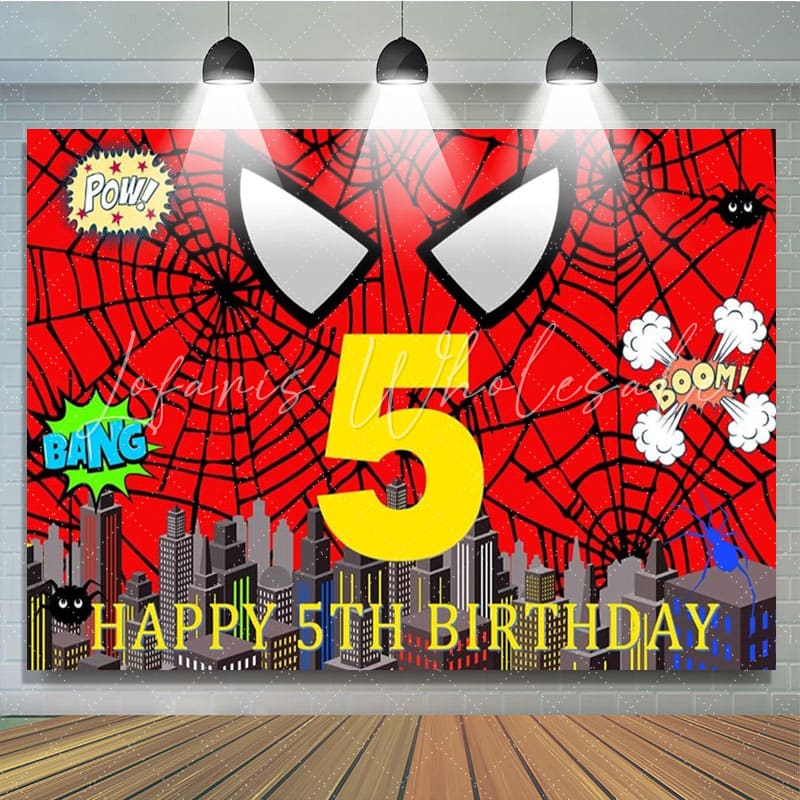 Super City Red Spider Web 5th Birthday Backdrop For Kids