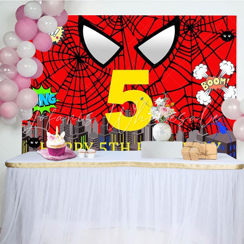 Super City Red Spider Web 5th Birthday Backdrop For Kids