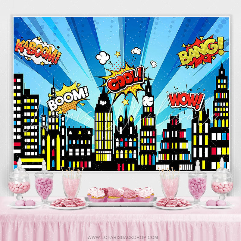 Lofaris Superhero Cityscape Building Scenes Birthday Backdrop