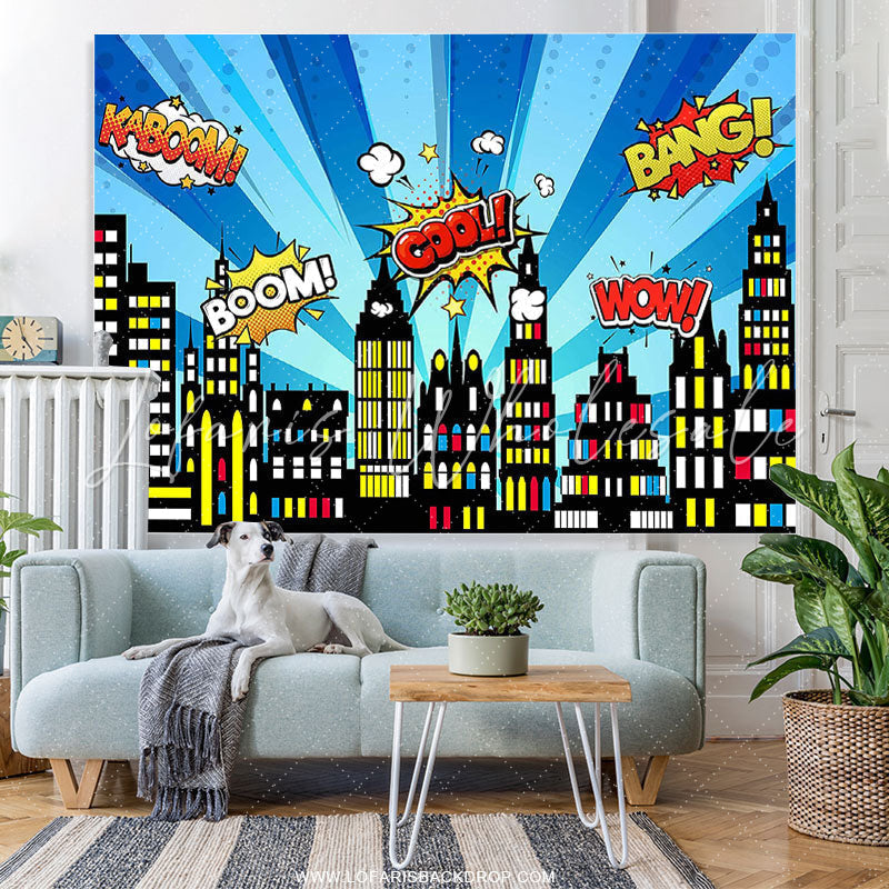 Lofaris Superhero Cityscape Building Scenes Birthday Backdrop