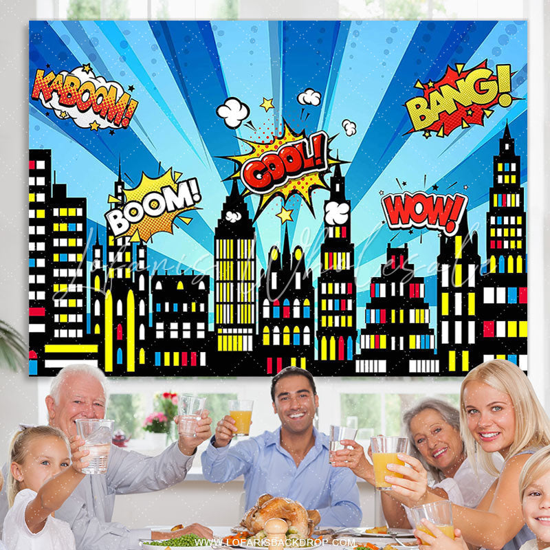 Lofaris Superhero Cityscape Building Scenes Birthday Backdrop