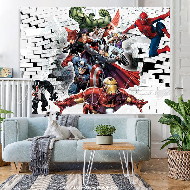 Lofaris Superman White Brick Wall Birthday Photo Backdrop