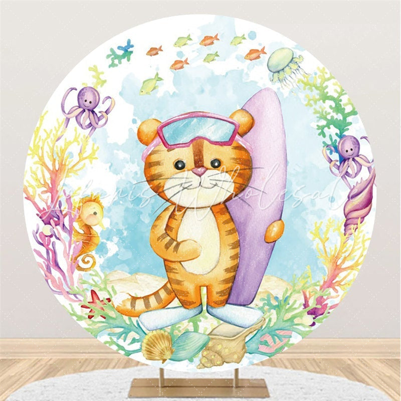 Lofaris Surf Tiger And Sea World Round Baby Shower Backdrop