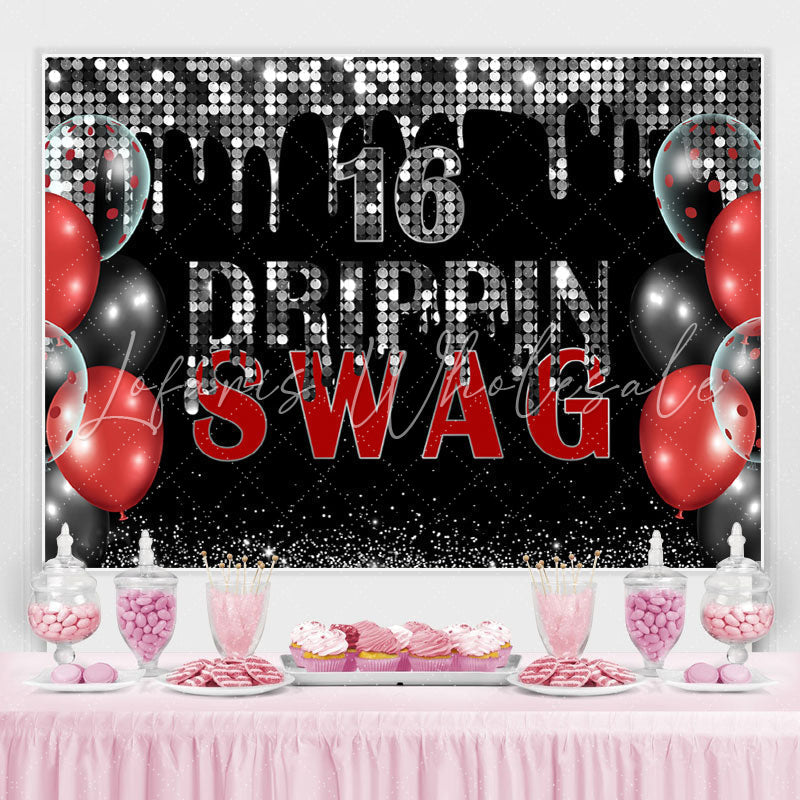 Lofaris Swag 16 Black And Silver Glitter Birthday Backdrop