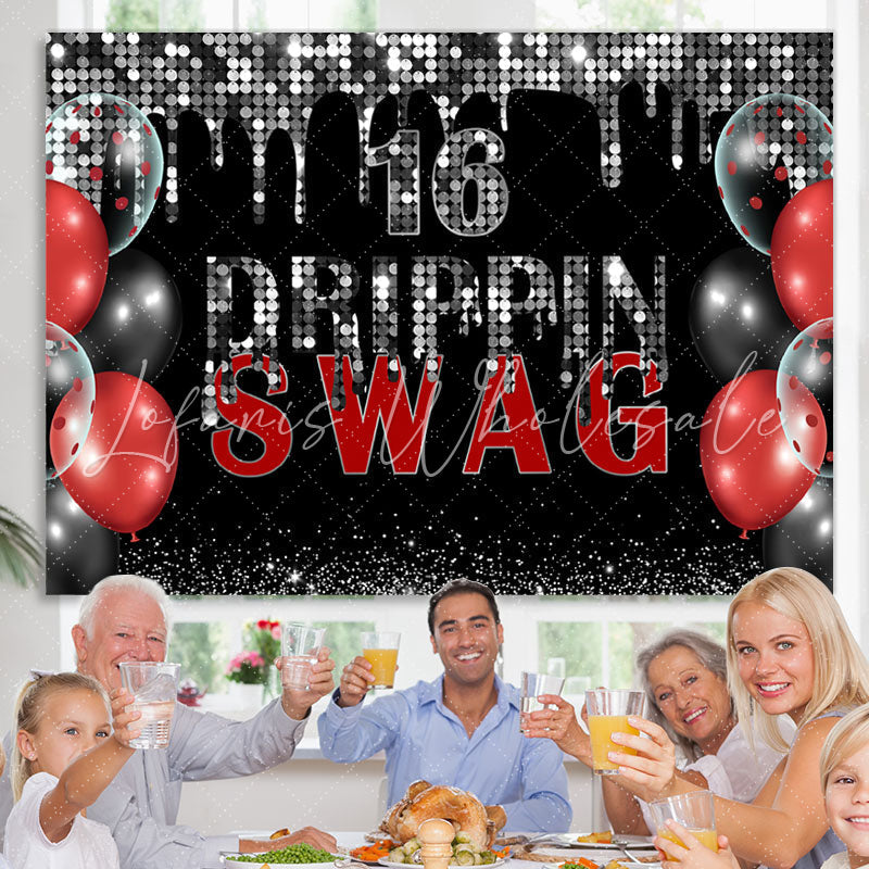 Lofaris Swag 16 Black And Silver Glitter Birthday Backdrop