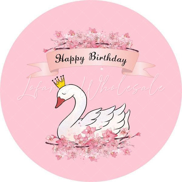 Lofaris Swan And Floral Pink Round Happy Birthday Day Backdrop