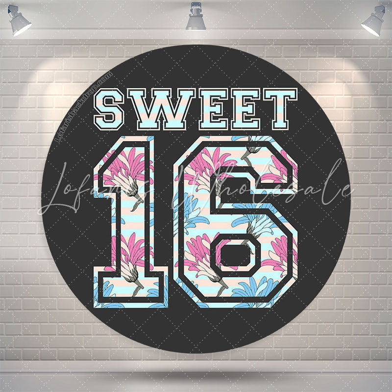 Lofaris Sweet 16 Black Floral Birthday Round Backdrop Cover