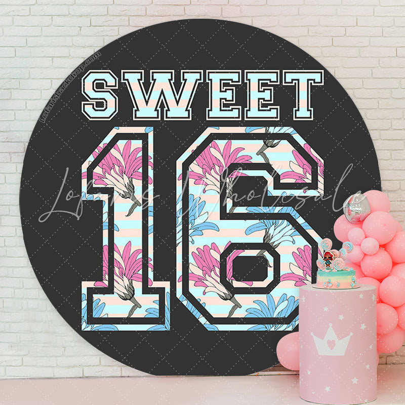 Lofaris Sweet 16 Black Floral Birthday Round Backdrop Cover