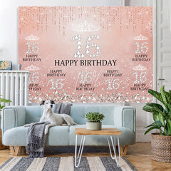 Lofaris Sweet 16 Pink Glitter Diamond Birthday Backdrop for Girls