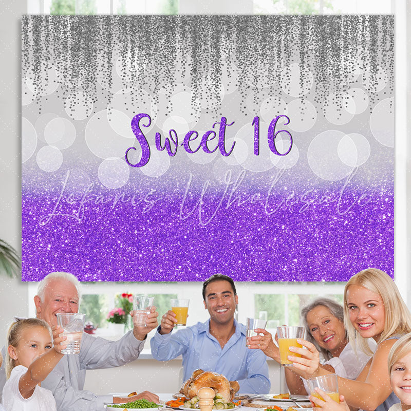 Lofaris Sweet 16 Purple and Gray Glitter Bokeh Birthday Backdrop
