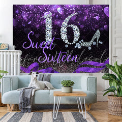 Lofaris Sweet 16 Silver Diamond Purple Glitter Sixteen Birthday Backdrop for Girl