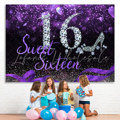 Lofaris Sweet 16 Silver Diamond Purple Glitter Sixteen Birthday Backdrop for Girl