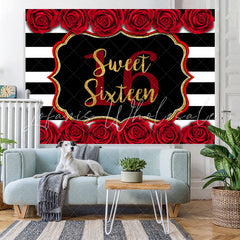 Lofaris Sweet 16 With Roses And Stripe Happy Birthday Backdrop