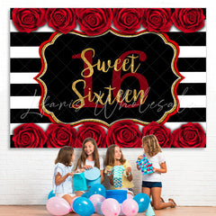 Lofaris Sweet 16 With Roses And Stripe Happy Birthday Backdrop