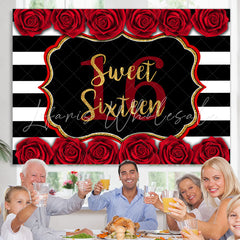 Lofaris Sweet 16 With Roses And Stripe Happy Birthday Backdrop