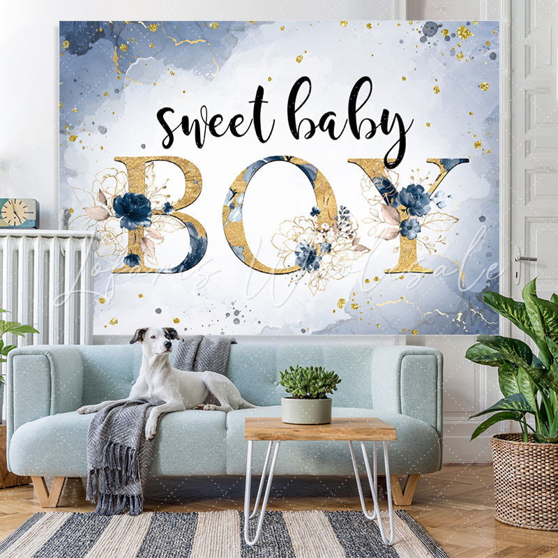Lofaris Sweet Baby Boy Marble Floral Blue Shower Backdrop