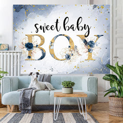 Lofaris Sweet Baby Boy Marble Floral Blue Shower Backdrop