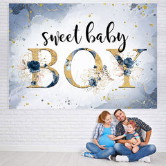 Lofaris Sweet Baby Boy Marble Floral Blue Shower Backdrop