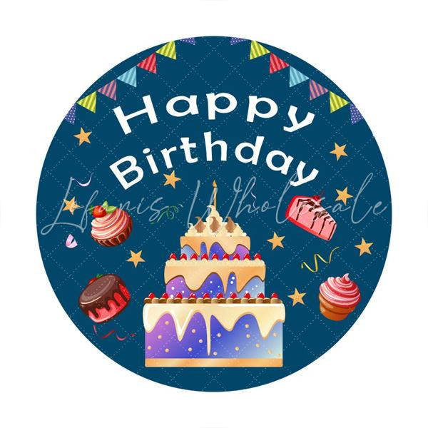 Lofaris Sweet Cakes Blue Round Happy Birthday Party Backdrop