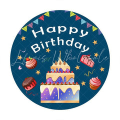 Lofaris Sweet Cakes Blue Round Happy Birthday Party Backdrop