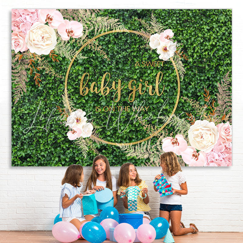 Lofaris Sweet Floral And Green Glitter Baby Shower Backdrop