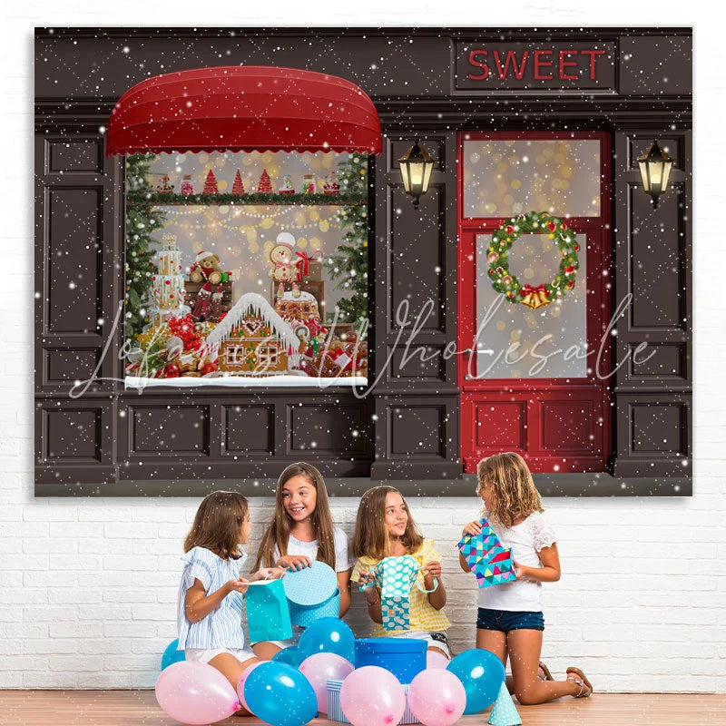 Lofaris Sweet Gingerbread Snow Christmas Wreath Lights Red Door Backdrop