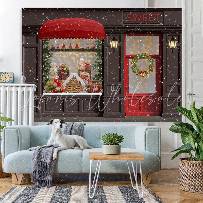 Lofaris Sweet Gingerbread Snow Christmas Wreath Lights Red Door Backdrop