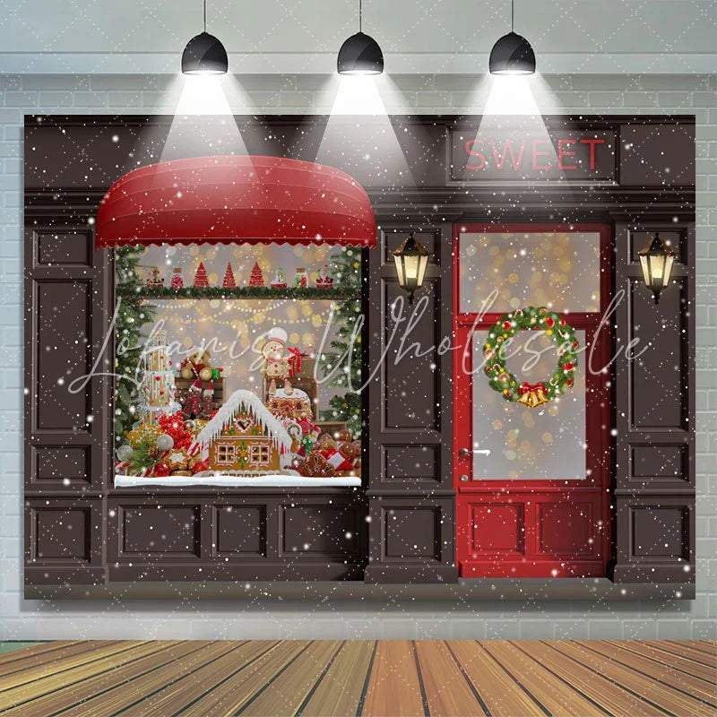 Lofaris Sweet Gingerbread Snow Christmas Wreath Lights Red Door Backdrop