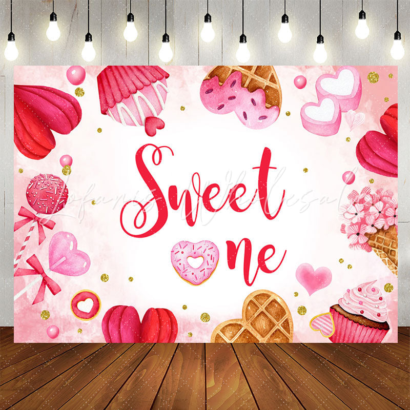 Lofaris Sweet One Dessert Heart Pink 1st Birthday Backdrop