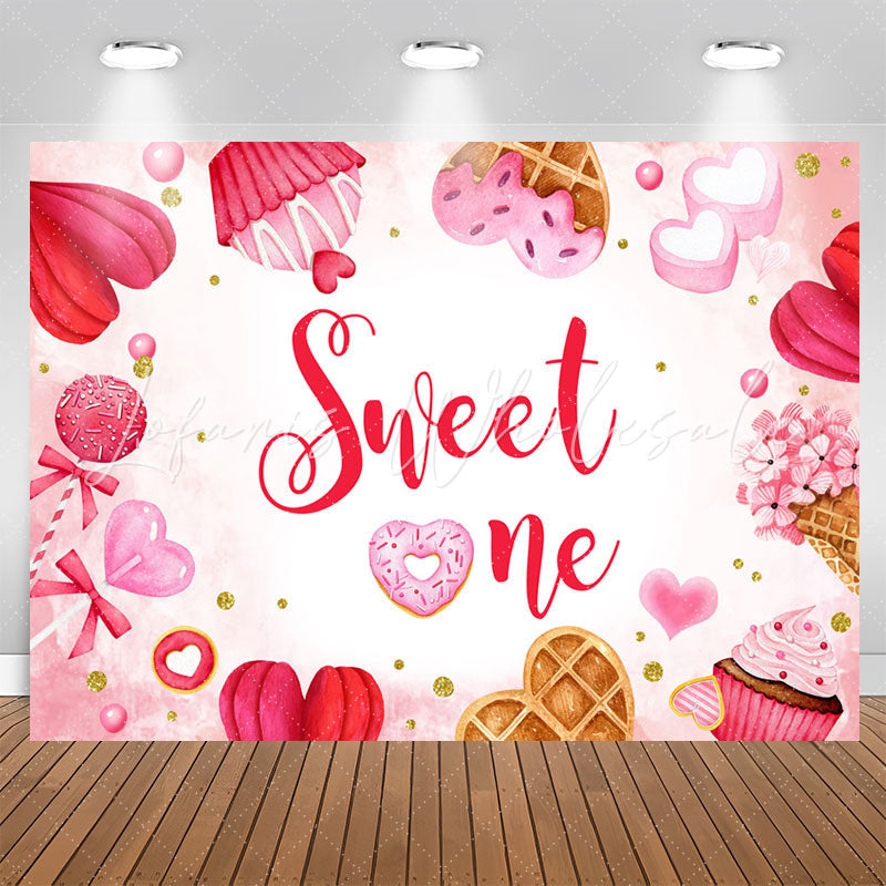 Lofaris Sweet One Dessert Heart Pink 1st Birthday Backdrop