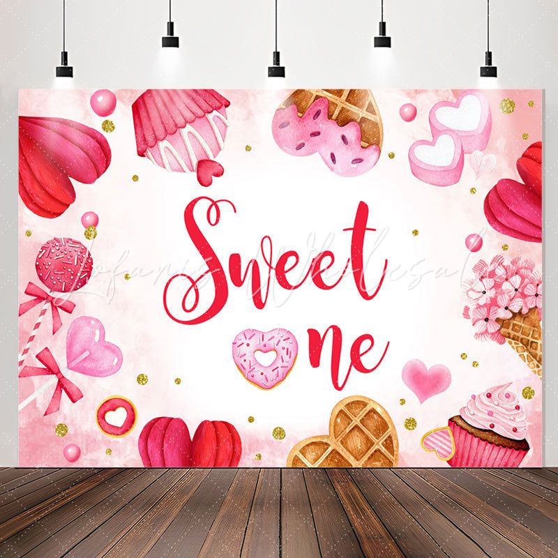 Lofaris Sweet One Dessert Heart Pink 1st Birthday Backdrop
